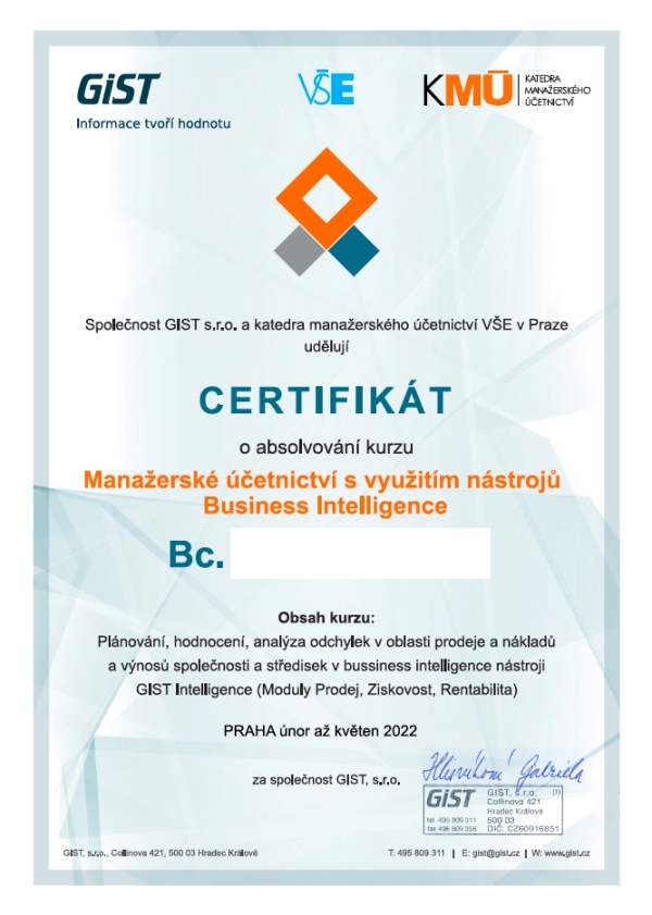 Certifikát pro absolventy kurzu Manažerské účetnictví s podporou BI